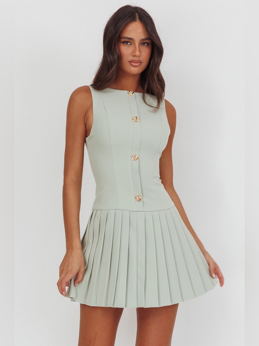 Selfie Leslie Opulent Pleat Skirt Button Mini Dress Sage